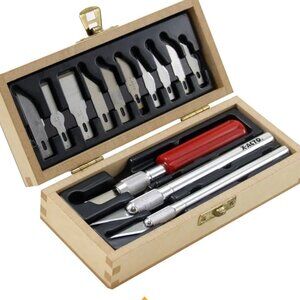 X-ACTO BASIC KNIFE SET-3PRECISION KNIVES-10 PRECISION BLADES-WOODEN CHEST